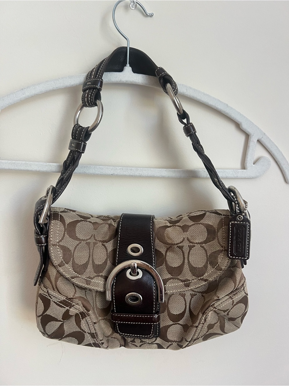 Coach Brown Signature Canvas Shoulder Bag with Dark Brown Trim